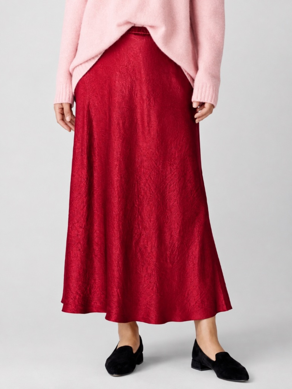NWT Eileen Fisher Textured Satin Slip Skirt Full Length Easy Fit Size M Red